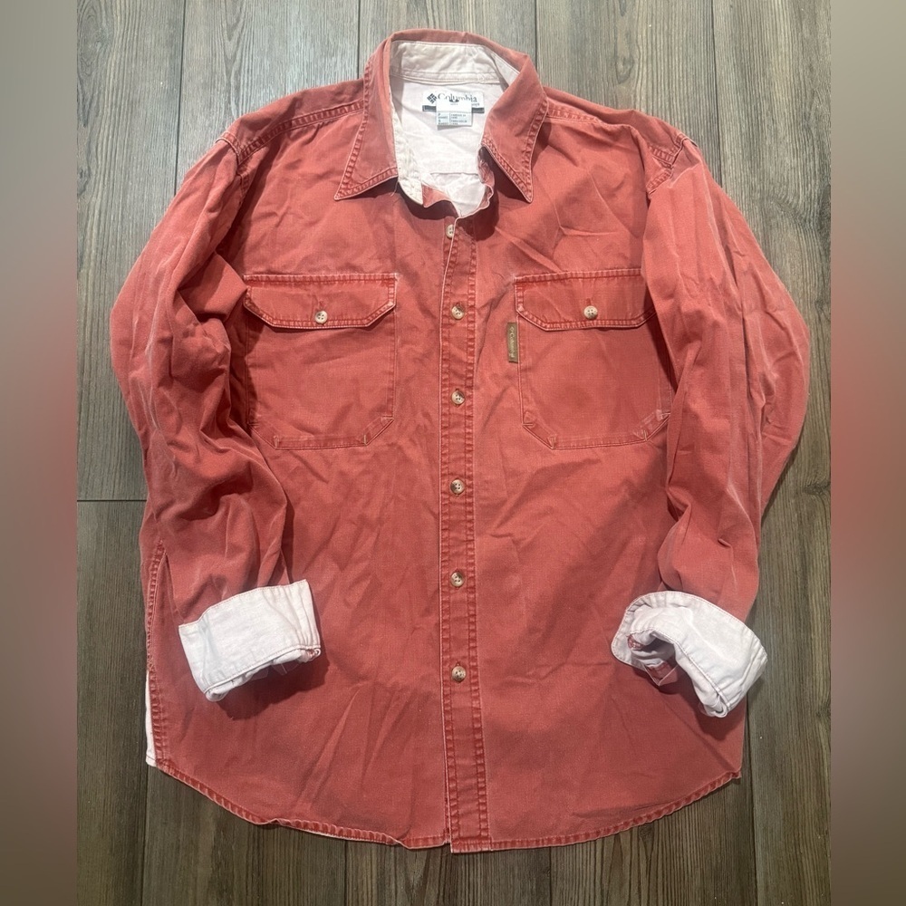 Vintage Columbia Garment Dyed Button Down Shirt Rust Red Cotton Men’s Small